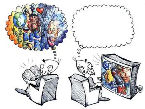 Desenho de uma pessoa assistindo à TV e um balãozinho mostra sua mente vazia, enquanto o outro lê um livro e sua mente viaja em muito conhecimento. A indústria Cultural