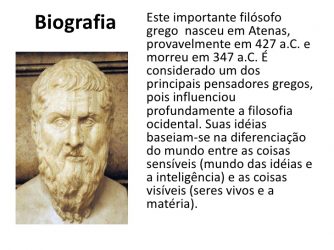 Slide com imagem e resumo da biografia de Platão. Pequena Biografia de Platão.