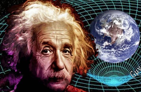 Albert Einstein e ao fundo um figura representando a Terra e uma teia mostra a curvatura do espaço em volta da Terra.