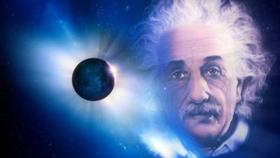 Imagem ilustrativa de Einstein e o Planeta Terra ao fundo