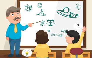 Desenho mostra um professor apontando no quadro negro e um estudante levantando a mão para fazer uma pergunta. O Melhor Aprendizado é através da Prática ou da Teoria.