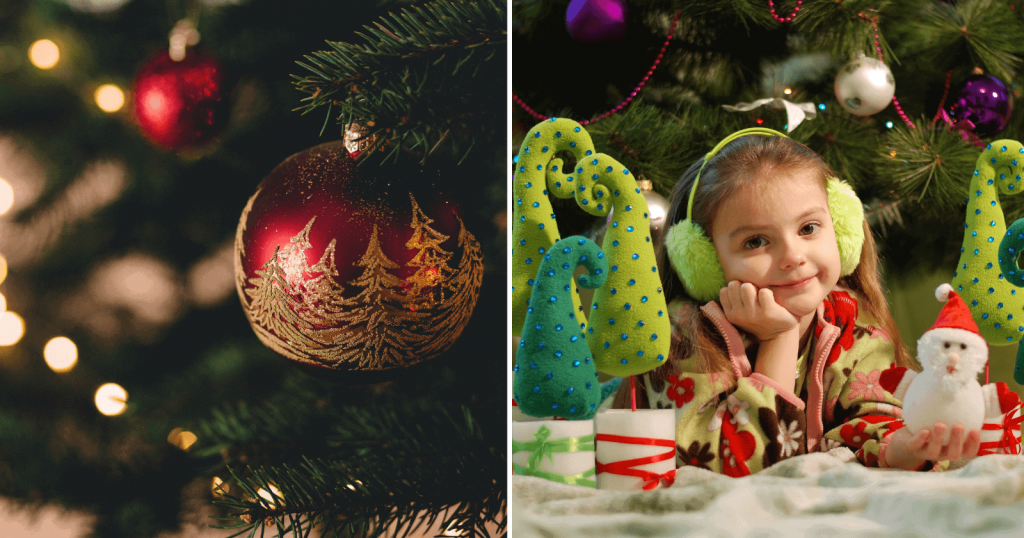 um quadro dividido de um lado em foco uma bola de árvore de Natal, do outro lado uma menina foco no seu rosto cercada por enfeites de Natal. Feliz Natal a todas as Mentes. Mas Como cada ser humano vê o Natal.