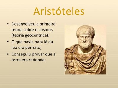 Slide com resumo das teorias de Aristóteles. A Astronomia de Aristóteles.