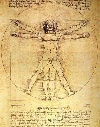 Uma Fotografia do Homem Vitruviano Obra de Leonardo da Vinci. É uma Ilustração que marca o Humanismo do Renascimento. um do símbolos da retomada do racionalismo na Idade Moderna e a Influência na (da) Ciência.
