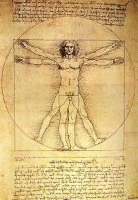 Uma Fotografia do Homem Vitruviano Obra de Leonardo da Vinci. É uma Ilustração que marca o Humanismo do Renascimento. um do símbolos da retomada do racionalismo na Idade Moderna e a Influência na (da) Ciência.