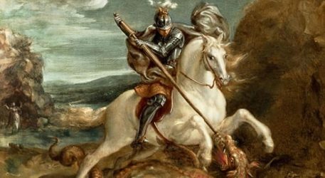 São Jorge no seu Cavalo matando o dragão. São Jorge o Santo Guerreiro na Época do Império Romano.