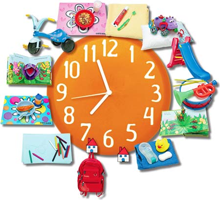 Desenho de um grande relógio e envolta de representação de várias atividades. As Rotinas do Dia-a-dia.