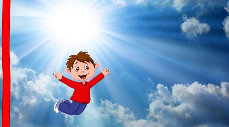 um desenho de um menino no céu azul e lindo com nuvens brancas e um sol por trás... nos faz lembrar que Todos querem ir para o Céu mas ninguém quer morrer.